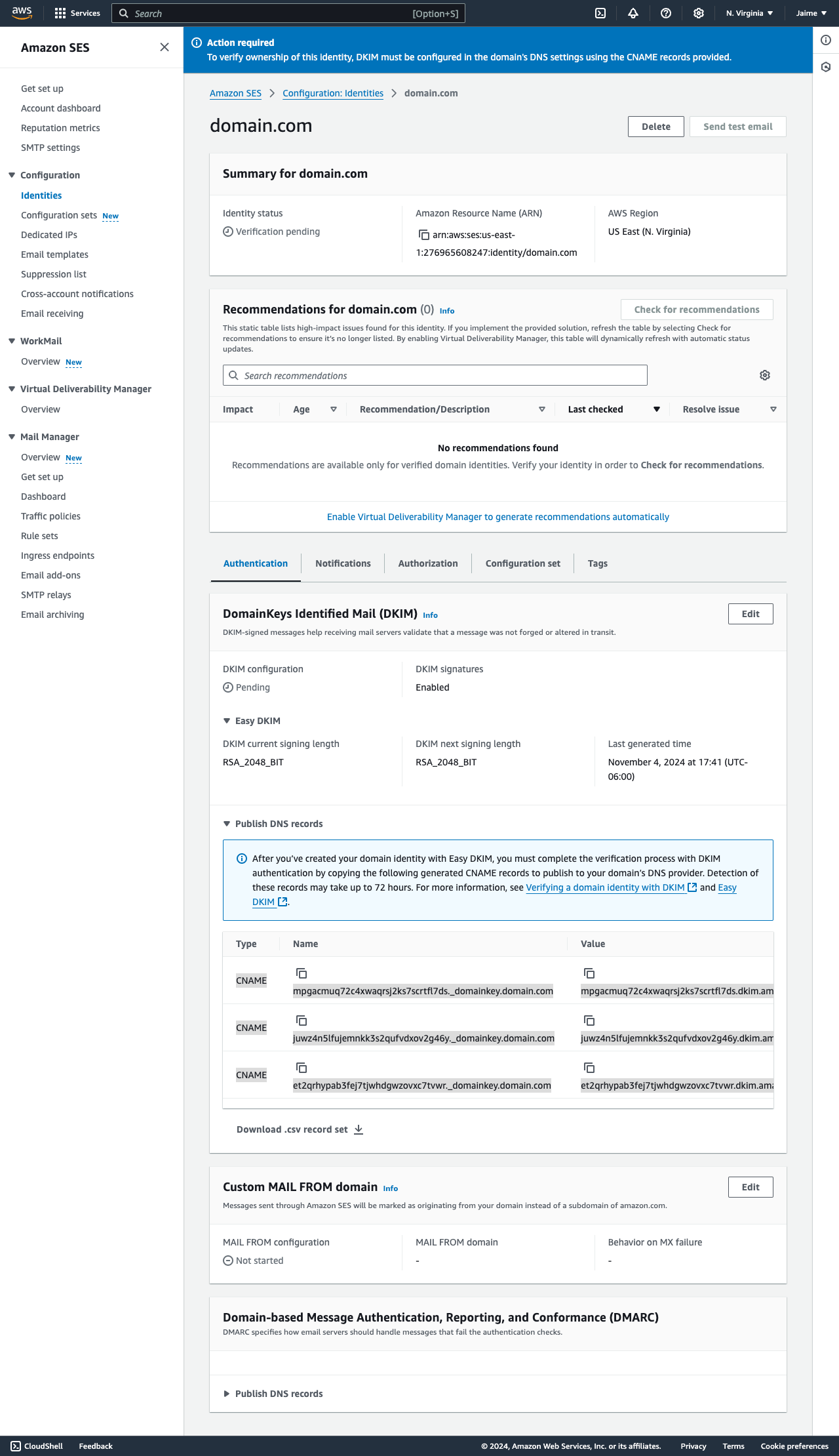 AWS SES Entity Domain Confirm