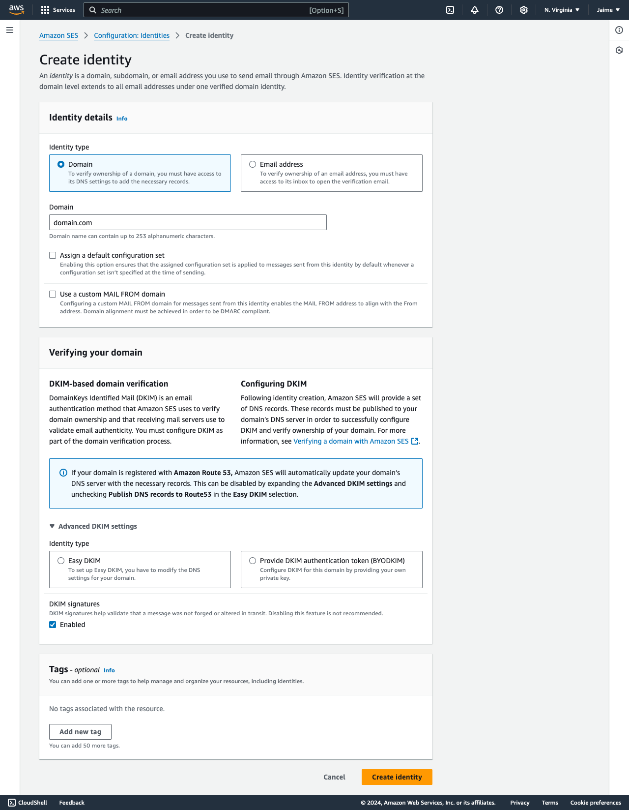 AWS SES Entity Domain Creation