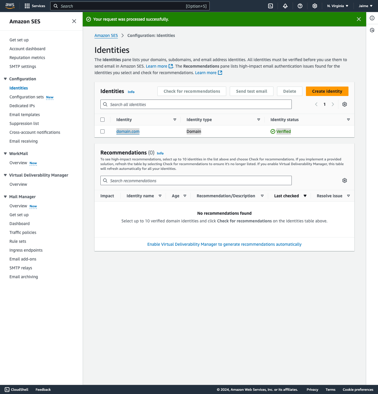 AWS SES Entity Domain Verified