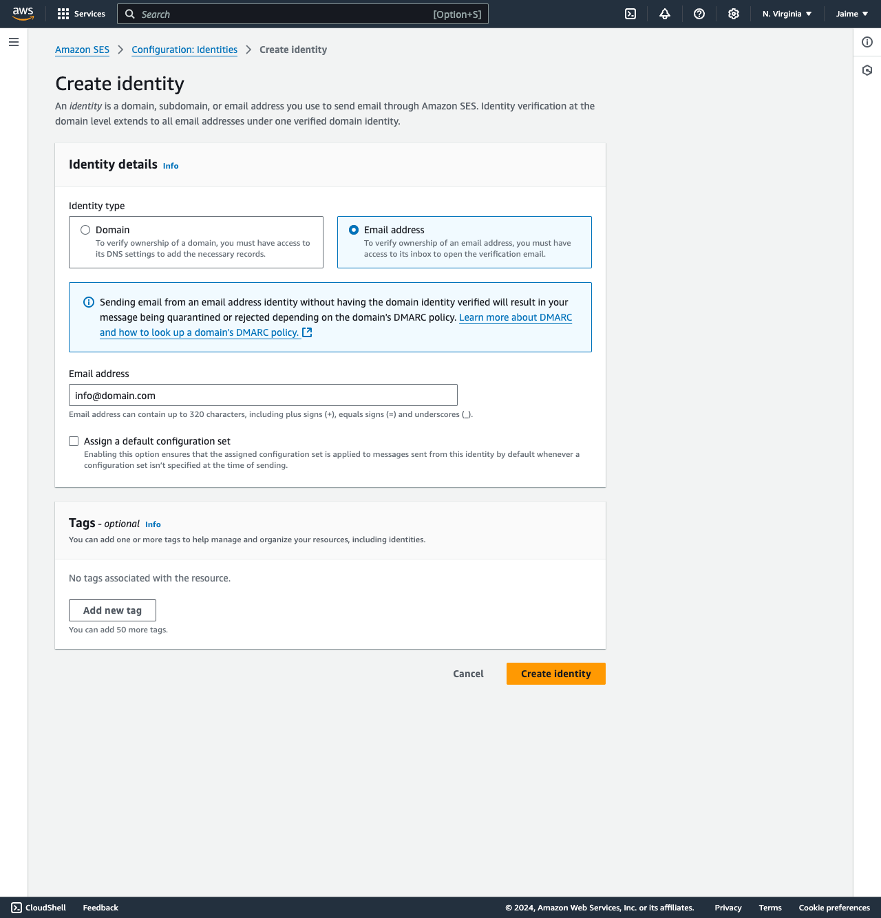 AWS SES Entity Email Creation